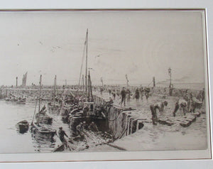 ORIGINAL ETCHING: William Lionel Wyllie (1851 – 1931) Herring Fishers at Fisherrow, Musselburgh Harbour. Pencil Signed; 1920s
