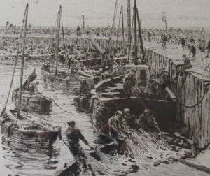 ORIGINAL ETCHING: William Lionel Wyllie (1851 – 1931) Herring Fishers at Fisherrow, Musselburgh Harbour. Pencil Signed; 1920s