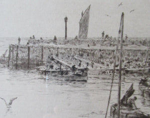 ORIGINAL ETCHING: William Lionel Wyllie (1851 – 1931) Herring Fishers at Fisherrow, Musselburgh Harbour. Pencil Signed; 1920s