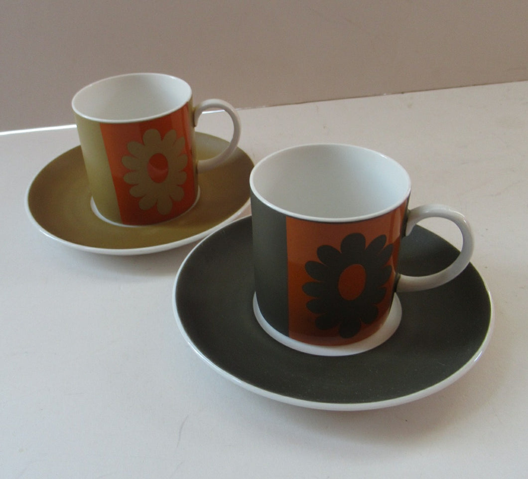1960s Susie Cooper Wedgwood PAIR Coffee Cups and Saucers Carnaby Daisy