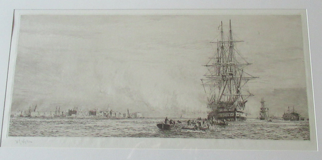 William Wyllie Etching. HMS Victory Firing a Salute in Portsmouth Harbour