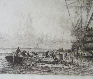 William Wyllie Etching. HMS Victory Firing a Salute in Portsmouth Harbour