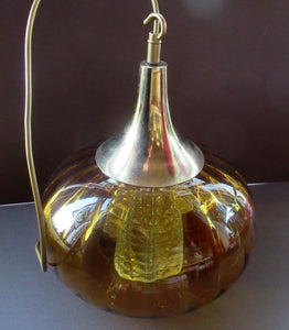 Vintage SWEDISH 1960s Onion Shape Hanging Golden Amber Glass Light Shade with Central Section and Metal Caps