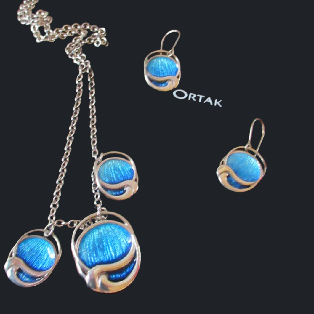 Silver and Blue Enamel Necklace and Ring Set. Presentation Box