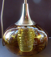 Load image into Gallery viewer, Vintage SWEDISH 1960s Onion Shape Hanging Golden Amber Glass Light Shade with Central Section and Metal Caps
