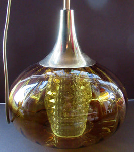 Vintage SWEDISH 1960s Onion Shape Hanging Golden Amber Glass Light Shade with Central Section and Metal Caps