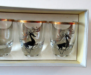 Black Reindeers. Vintage 1960s Set of Six Wee Shot Glasses with Stylised Black and Gold Reindeer Design