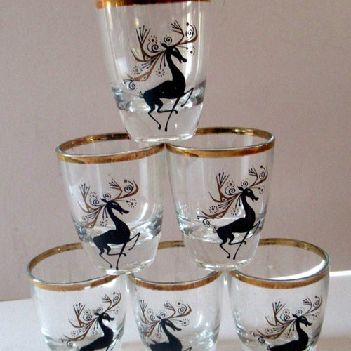Black Reindeers. Vintage 1960s Set of Six Wee Shot Glasses with Stylised Black and Gold Reindeer Design