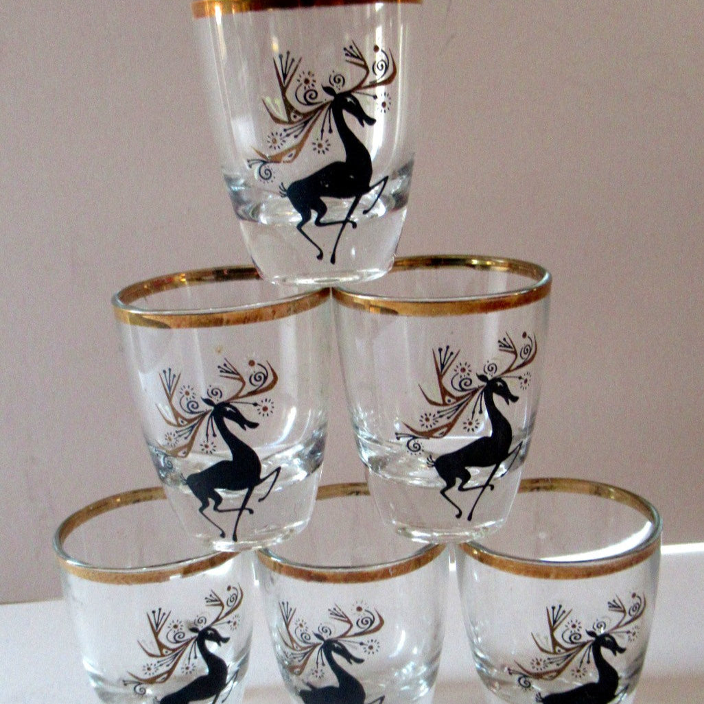 Black Reindeers. Vintage 1960s Set of Six Wee Shot Glasses with Stylised Black and Gold Reindeer Design