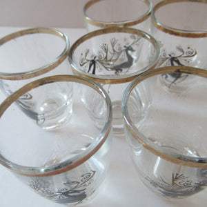 Black Reindeers. Vintage 1960s Set of Six Wee Shot Glasses with Stylised Black and Gold Reindeer Design