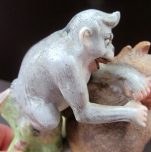 Porcelain Figurine by Schafer & Vater. Quirky GROOMING MONKEYS Match Holder & Striker