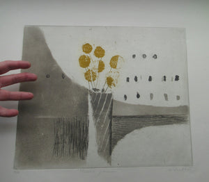 Pretty Vintage FRENCH Colour Etching. Artist's Edition. Titled: Fleurs Jaune. With indistinct pencil signature