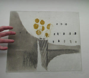 Pretty Vintage FRENCH Colour Etching. Artist's Edition. Titled: Fleurs Jaune. With indistinct pencil signature