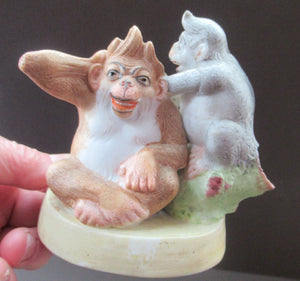 Porcelain Figurine by Schafer & Vater. Quirky GROOMING MONKEYS Match Holder & Striker