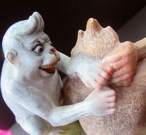 Porcelain Figurine by Schafer & Vater. Quirky GROOMING MONKEYS Match Holder & Striker