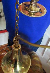 Vintage SWEDISH 1960s Onion Shape Hanging Golden Amber Glass Light Shade with Central Section and Metal Caps