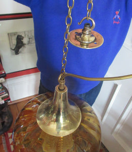 Vintage SWEDISH 1960s Onion Shape Hanging Golden Amber Glass Light Shade with Central Section and Metal Caps