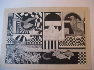 Scottish Art Peter Dworok Surreal Interior 1970s Drawing