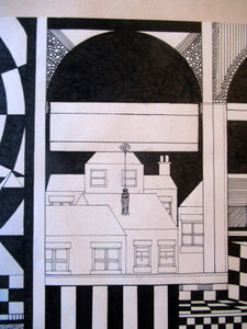 Scottish Art Peter Dworok Surreal Interior 1970s Drawing