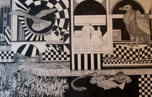 Scottish Art Peter Dworok Surreal Interior 1970s Drawing