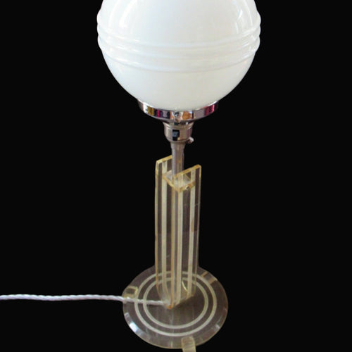 1930s Art Deco Table Lamp Geometric Clear Perspex with Glass Globe Shade