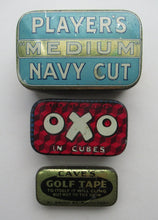 Load image into Gallery viewer, Three Vintage Advertising Tins: Players, Oxo and Cave&#39;s Golf Tape
