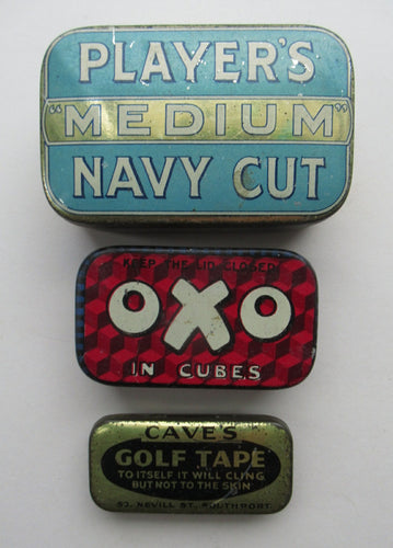 Three Vintage Advertising Tins: Players, Oxo and Cave's Golf Tape