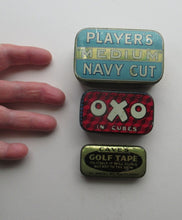 Load image into Gallery viewer, Three Vintage Advertising Tins: Players, Oxo and Cave&#39;s Golf Tape
