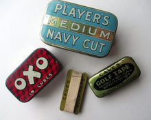 Load image into Gallery viewer, Three Vintage Advertising Tins: Players, Oxo and Cave&#39;s Golf Tape
