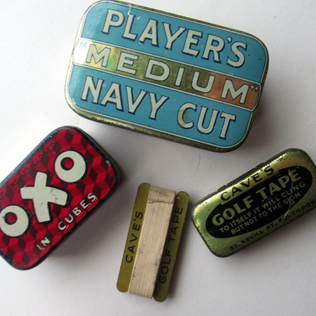 Three Vintage Advertising Tins: Players, Oxo and Cave's Golf Tape