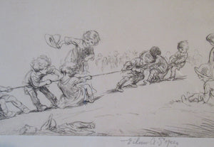 1923 Eileen Sopper Tug of War Pencil Signed Etching