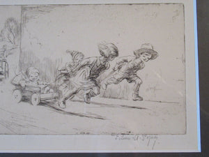 1923 Eileen Soper The Go Cart Race Pencil Signed Etching
