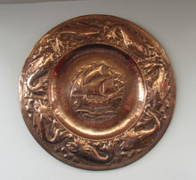 Load image into Gallery viewer, John Drew MacKenzie Antique NEWLYN Copper Charger with Galleon and Fish
