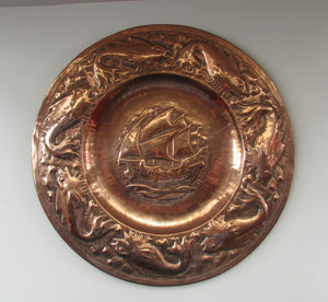 John Drew MacKenzie Antique NEWLYN Copper Charger with Galleon and Fish