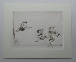 1920s Eileen Soper Original Drypoint Etching Flying Swings Pencil Signed