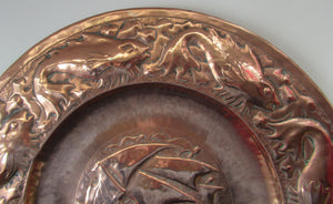 John Drew MacKenzie Antique NEWLYN Copper Charger with Galleon and Fish