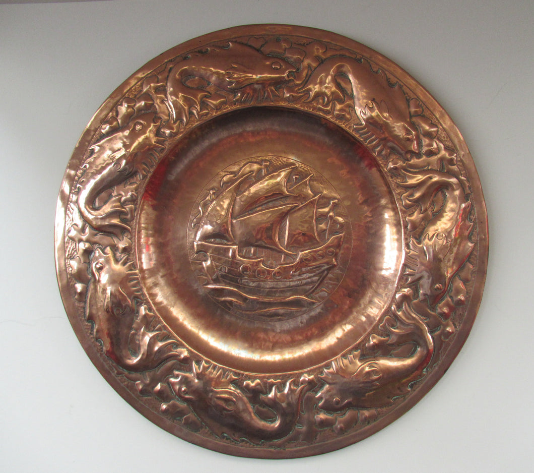 John Drew MacKenzie Antique NEWLYN Copper Charger with Galleon and Fish