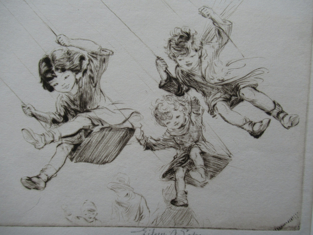 1920s Eileen Soper Original Drypoint Etching Flying Swings Pencil Signed