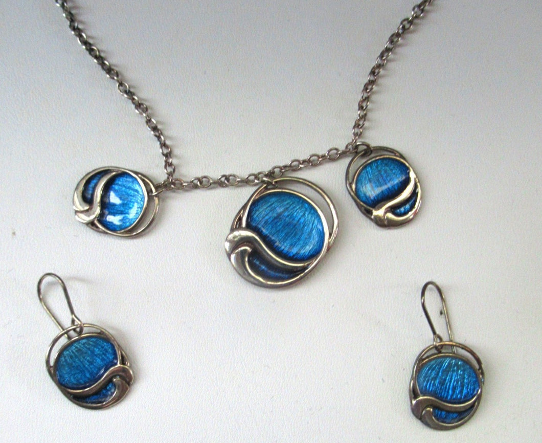 Silver and Blue Enamel Necklace and Ring Set. Presentation Box