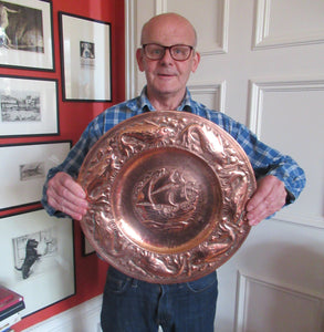 John Drew MacKenzie Antique NEWLYN Copper Charger with Galleon and Fish