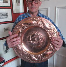 Load image into Gallery viewer, John Drew MacKenzie Antique NEWLYN Copper Charger with Galleon and Fish
