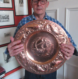 John Drew MacKenzie Antique NEWLYN Copper Charger with Galleon and Fish