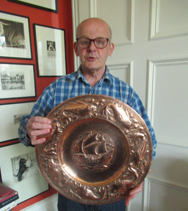 John Drew MacKenzie Antique NEWLYN Copper Charger with Galleon and Fish