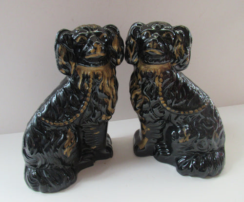 Antique STAFFORDSHIRE Black Jackfield Spaniels with Gold Highlights 