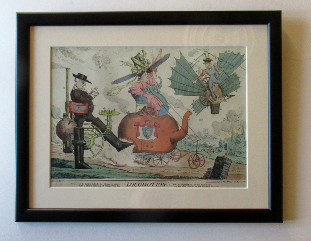 ANTIQUE SATIRICAL PRINT. 1820s Hand-Coloured Etching. LOCOMOTION by R.S. Shortshanks. Pulished by Thomas McLean