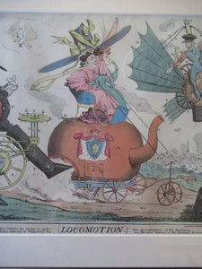 ANTIQUE SATIRICAL PRINT. 1820s Hand-Coloured Etching. LOCOMOTION by R.S. Shortshanks. Pulished by Thomas McLean