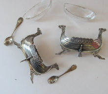 Load image into Gallery viewer, Pair of Norwegian Silver Viking Ship Salt Cellars with Clear Glass Liners
