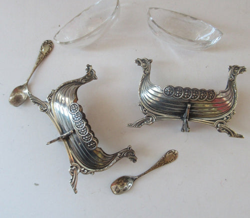 Pair of Norwegian Silver Viking Ship Salt Cellars with Clear Glass Liners
