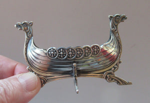 NORWEGIAN SILVER: Pair of Matching Viking Ship Salt Cellars. With Original Clear Glass Liner & Later Additional Spoons