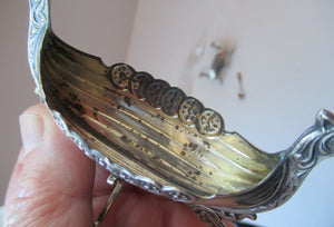 NORWEGIAN SILVER: Pair of Matching Viking Ship Salt Cellars. With Original Clear Glass Liner & Later Additional Spoons